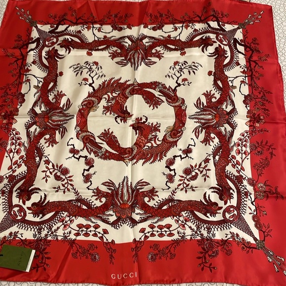 Gucci Red and White Dragon Silk Scarf - Picture 2 of 9